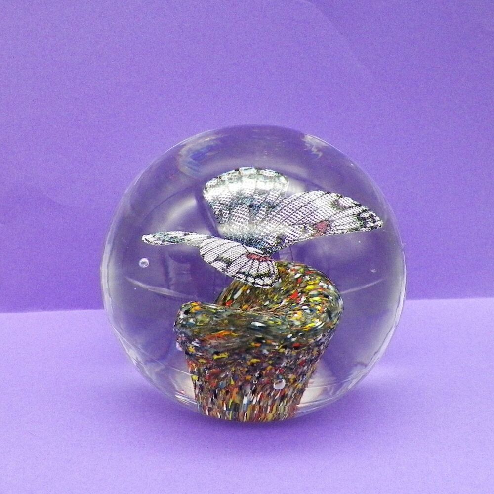 Vintage Hand Blown Glass Paperweight Delicate Butterfly Inside